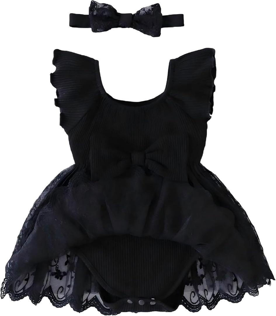 Baby Girl Romper Dress Ribbed Newborn Lace Boho Tutu Dresses Headband Baptism Photography Wedding Summer Outfit (3-6 Months,All Black)