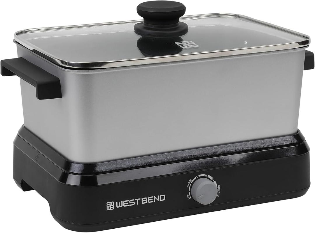 West Bend Versatility Slow Cooker Large Capacity Non-stick Cooking Vessel & Variable Temperature Heating Base Includes Travel Lid and Storage Bag, Range and Oven-Safe Cooking Pot, 5-Quart, Silver