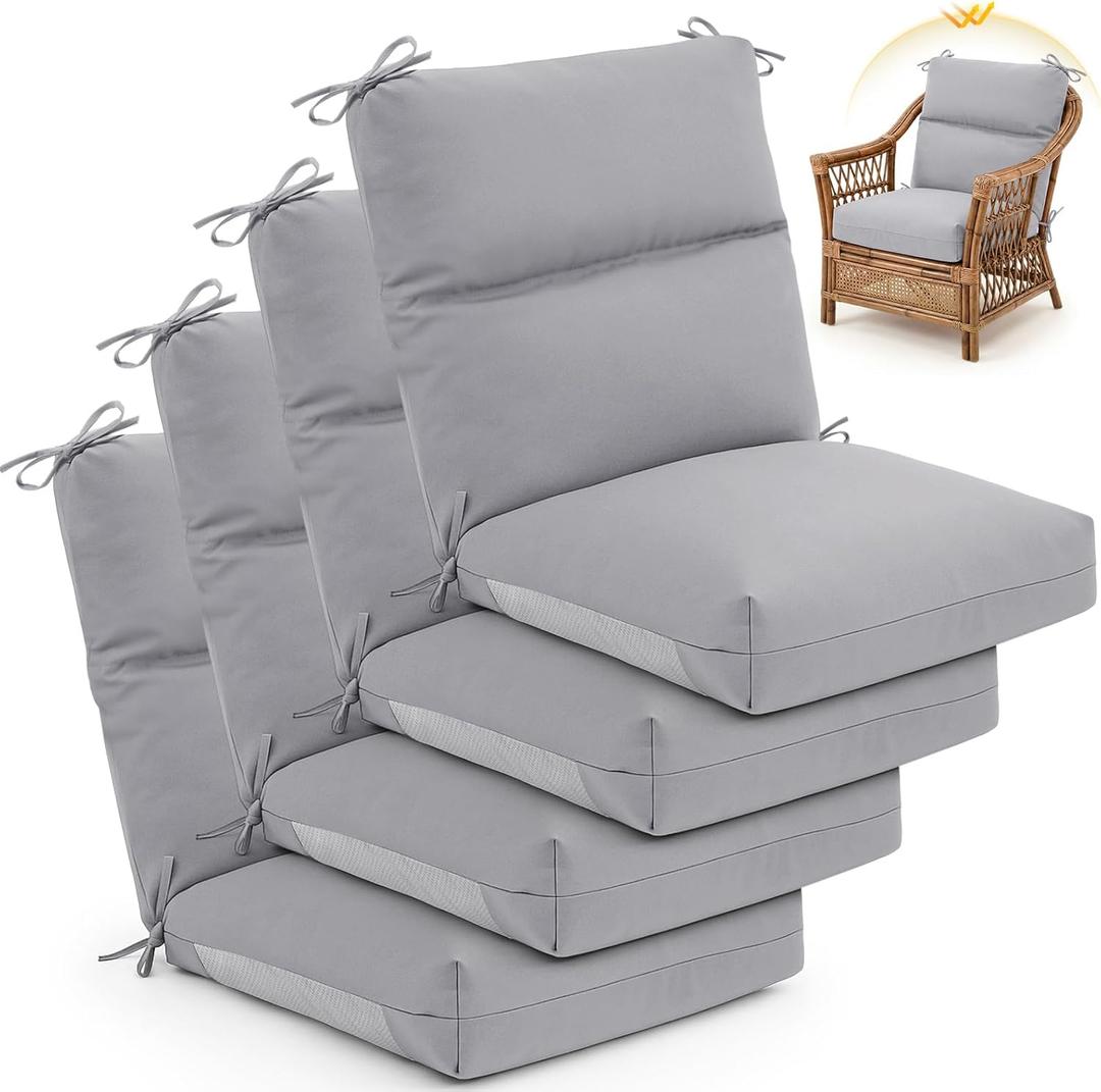 Geelin 4 Pack Outdoor/ Indoor High-Back Chair Cushions 44×21 in, Stuffed Tufted Replacement Patio Chair Cushions with Ties Weather Resistant Pads for Patio Furniture (Light Gray)
