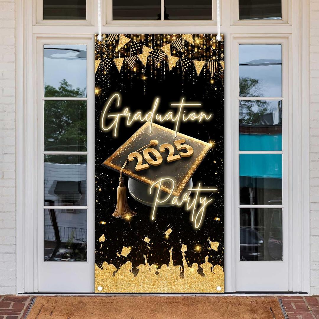 MEHOFOND Graduation 2025 Party Door Decorations, Black and Gold Class of 2025 Party Door Cover Banner, Congrats Grad Outdoor Indoor Hanging Cover Decorations Photo Supplies 35.4x70.8 Inch