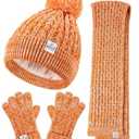 Kids Winter Hat Gloves Scarf Set, Girls Toddler Winter Hat Beanies with Pom Neck Warmer Gaiter Mittens Fleece Lined Set Christmas Gift for Kids (Orange Mix）