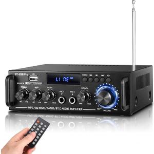 298Pro Stereo Audio Amplifier, Max 400W Home 2 Channel Bluetooth 5.0 Wireless Power Amplifier, HiFi Sound Home Theater Audio System Home Stereo Receiver, MIC in w/Echo, Bass & Treble w/USB/RCA/FM