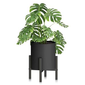 HTZON 8 inch Black Cylinder Plant Pots with Heavy Duty Stand,Durable Planters for Flowers,Large Plant Pot for Indoor and Outdoor, Decorative Modern Flower Pots with Drainage Hole