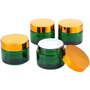 OverNews 4PCS 2oz Glass Jar Travel Size, Empty Cosmetic Lotion Container with Black Lid & Spatula, Small Mini Jar for Beauty (Green)