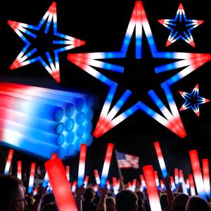 OLUPP 28Pcs July 4th Foam Glow Sticks, Red White Blue Patriotic LED Sticks with 3 Modes Flashing for Kid Adult, Glow in The Dark Party Favor Supplies for Independence Day Parade, Concert, Carnival
