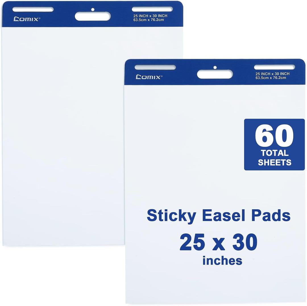 Comix Sticky Easel Pad, 25 x 30 Inches Flip Chart Paper for Teachers, Large Self Stick Easel Paper, 30 Sheets/Pad, 2 Pads/Pack (2 Packs)