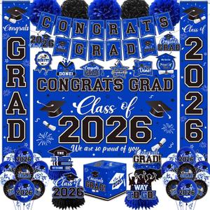 Graduation Decorations 2026 Blue Party Decor Set with Congrats Grad Banner, Class of 2026 Backdrop, Balloons, Box & Streamers Supplies for High School & College Celebrations
