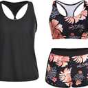 Yonique 3 Piece Athletic Tankini Swimsuits for Women with Shorts Swim Tank Tops with Sports Bra and Boyshorts Bathing Suits (X-Large, Pink Floral & Black)