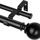 KAMANINA 1 Inch Double Curtain Rod 72 to 144 Inches(6-12 Feet), Black Telescoping Curtain Rods for Windows 66 to 120 Inches, Heavy Duty Drapery Rod with Round Finials