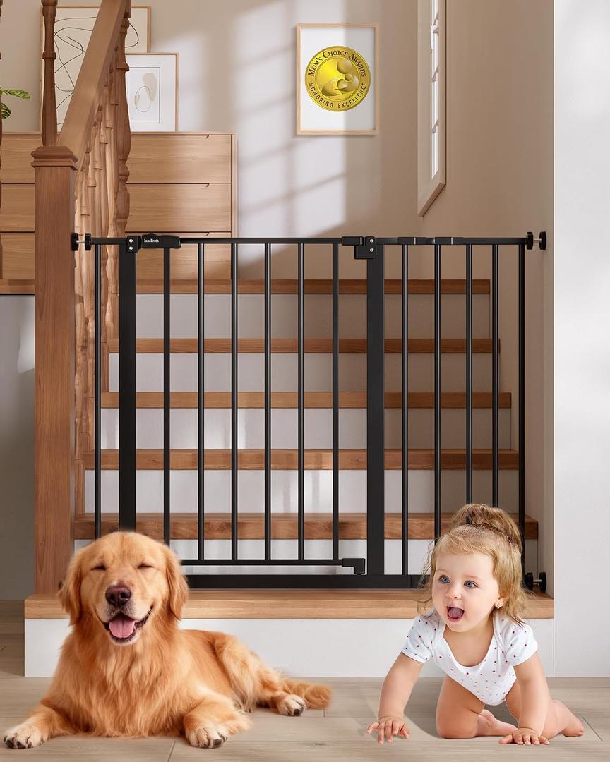 InnoTruth 29.540.75" Baby Gate for Stairs, 30" Tall Dog Gates for Doorways & Hallways, Safety Gate for Kids & Pets, Pressure-Mounted Walk-Through with Dual Lock & 2-Way Swing, Black