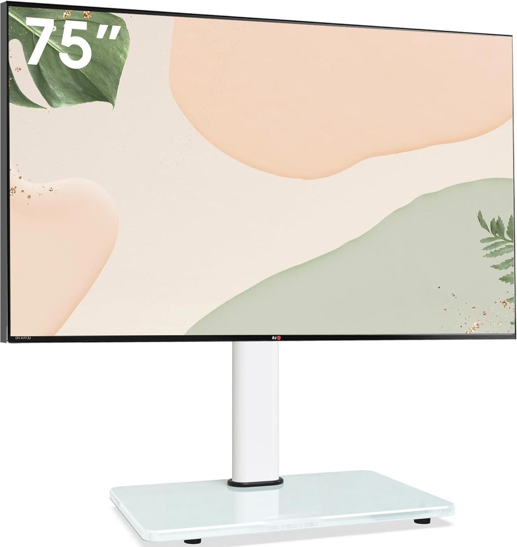 Tabletop Swivel TV Stand for 32-75 inch TVs, Universal TV Stand with Heavy Duty Tempered Glass Base 8 Levels Height Adjustable and Tilt TV Mount Stand, MAX VESA 600x400mm, Holds up to 99lbs (White)