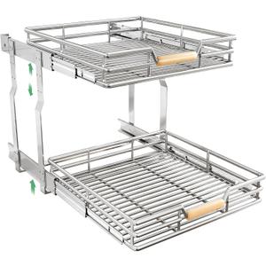 Pull out Cabinet Organizer(23"W X 21"D)-2 Tier, Heavy-Gauge Chrome Frame, Full-Extension Slide Rails, Height-Adjustable, Stylish Wooden Handle, Easy Installation for Kitchen Cabinet Organizer