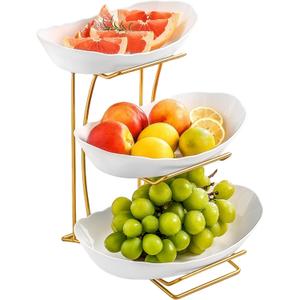 OMISTAR 3 Tier Fruit Bowl for Kitchen Counter, Gold Metal Stand Tiered Fruit Basket, ABS Serving Bowls, 11.2 in Lightweight Luxury Multi-Layer Snack Rack for Home Living Room