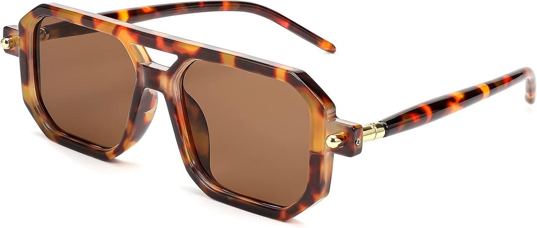 FEISEDY Vintage Square 70s Flat Aviator Sunglasses Women Men Classic Retro Stylish Frame UV400 Sunglasses B2622 (003 Leopard Frame & Tea Lens)