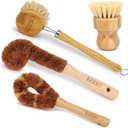 Ezeso Natural Bamboo Dish Scrub Brush Set 4 Piece, Wooden Pot & Bottle Brush