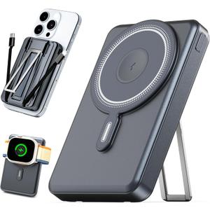 for Magsafe Portable Charger 10000mAh, Wireless Magnetic Power Bank for Apple Watch, 5 in 1 Fast Charging External Battery Pack with Cable and Stand for iPhone 16 Pro Max/15/14/13 Mini(Black)
