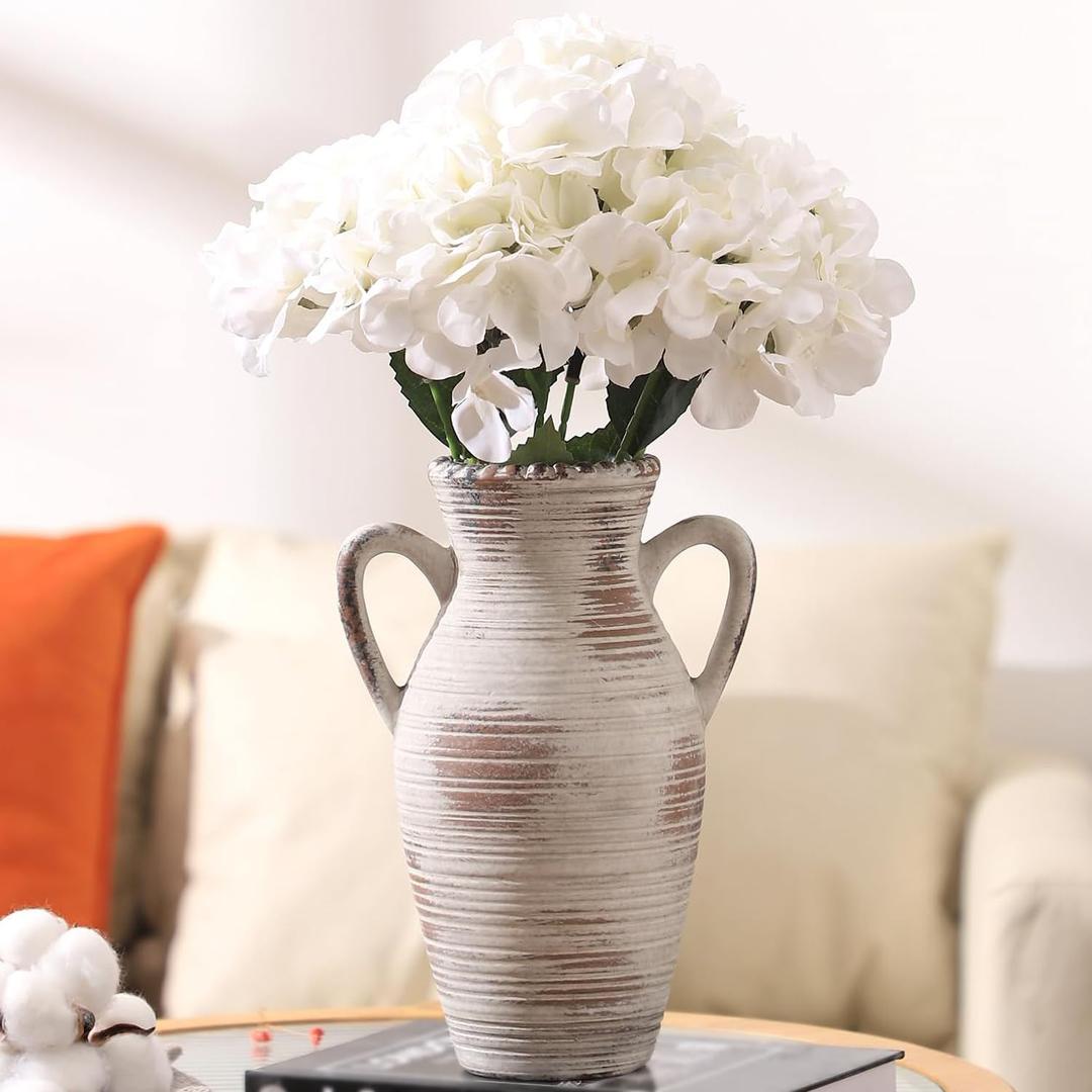 Rustic Ceramic Vase, Farmhouse Flower Vase with 2 Handles, Large Terracotta Vase, Distressed Vase, Decorative Pottery Vase for Home Decor, Living Room, Shelf Decor, Mantel, 9.8 Inch