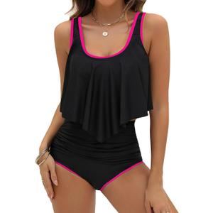 Edelqual Tankini Swimsuits for Women High Waisted Bikini Sets Plus Size Two Piece Bathing Suits Tummy Control Swimwear (X-Large, Black and Red Bars)