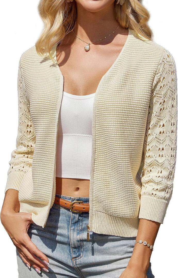 GRACE KARIN Womens Lightweight Summer Cardigan 3/4 Sleeve Cropped Cardigan Dressy Zip Up Sweaters Jacket Clothes (L)