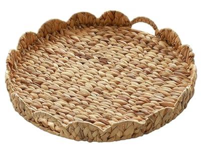 Extra Large Round Ottoman Table Tray 19.7" with Handles - Handmade Wicker Serving Hand Woven Tray for Farmhouse Decorative Oversized Coffee Table Trays Living Room Kitchen Counter Breakfast Scalloped
