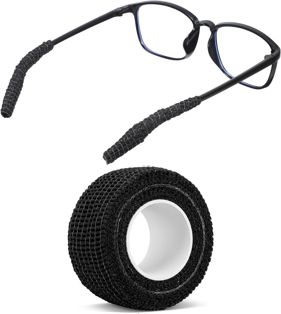 Glasses Ear Cushion Bandage, Anti-Slip Eyeglass Temple Tips Breathable Self-Adhesive Eyewear Arm Pads Soft Knitting Cotton Glasses Ear Cushion Eyeglasses Temple Tips Sleeve Comfortable Elastic Black