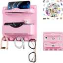 JUMEIHUI Pink Bedside Shelf Organizer - Wall Mount Phone Holder with Glasses Hook & 50 Motivational Stickers for Girls Bedroom Dorm Decor
