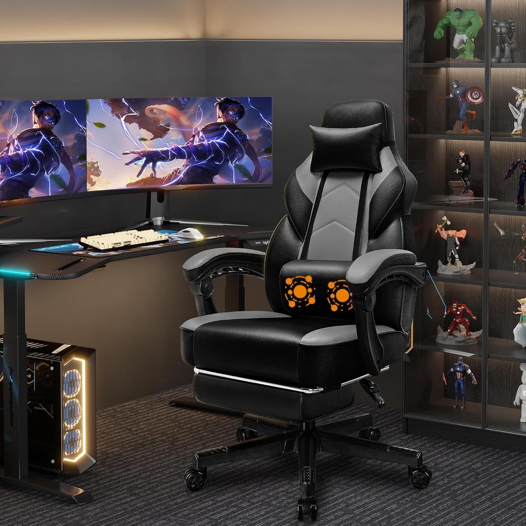 Shintenchi Gaming Chair,Video Game Chair with footrest and Massage Lumbar Support,Height Adjustable Game Chair with 360Swivel Seat Ergonomic Computer Chair with Headrest for Office or Gaming(Grey)