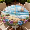 Round Outdoor Tablecloth with Umbrella Hole, Zippered Fitted Tablecloth with Elastic Edge, Waterproof Table Cloth Cover for Picnic Party Fits 37"-44" Round Table, Sea Turtle