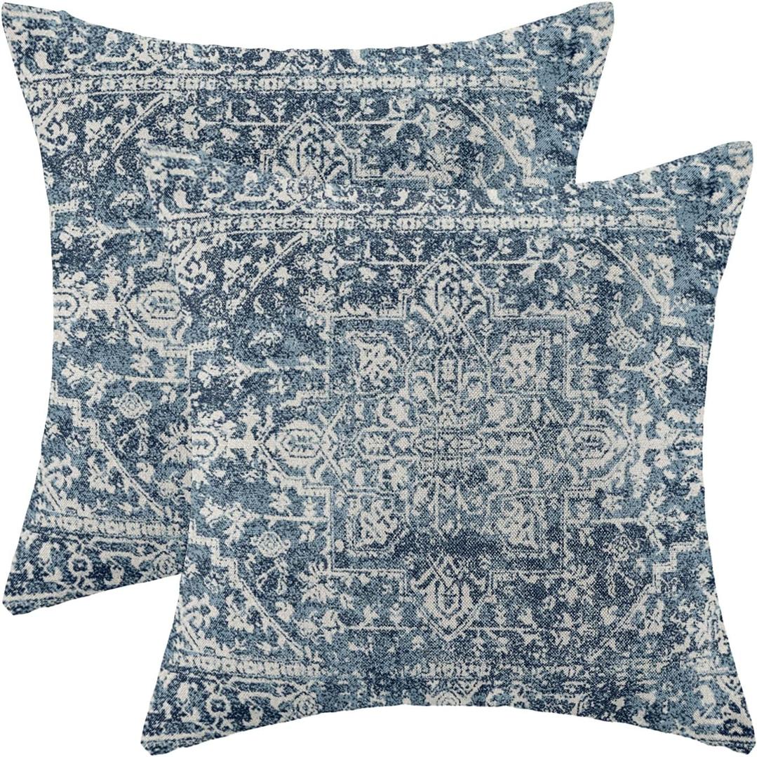 Boho Pillow Covers 24x24 Set of 2, Carpet Pattern Boho Decorative Blue Throw Pillows Linen Ethnic Design Farmhouse Cushion Case for Sofa Couch Outdoor Decor