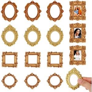 Tucnoeu 15pcs Small Gold Frames, Vintage Mini Picture Frames Baroque Tiny Picture Frames Little Antique Frames, Oval Rectangle Wall Hanging for Holiday Party Wedding DIY Photo Decoration Christmas