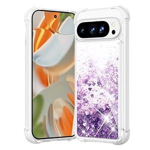 for Google Pixel 9/9 Pro Case Glitter, Bling Sparkly Liquid Sand Shockproof Bumper Clear Shiny Dynamic with Air Cushions Cover for Women and Girls, Purple