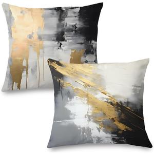 Black and Gold Pillow Covers, Decorative Pillow Covers for Couch Bed Living Room, Abstract White Black and Gold Pillow Covers 20x20 Set of 2