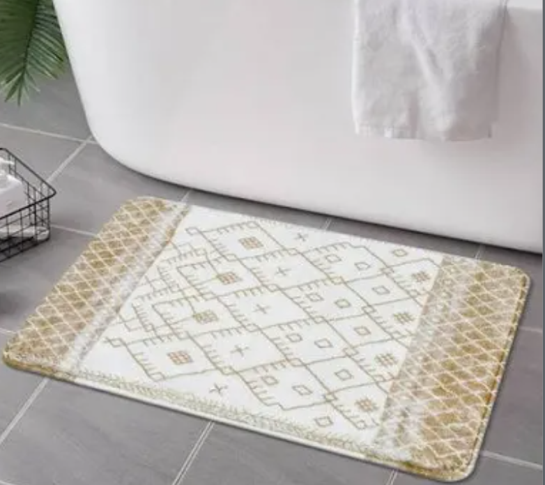 Uphome Bath Rugs for Bathroom, Moroccan Geometric Small Bath Rug, Non Slip Washable Soft Velvet Bath Mats for Bathroom Floor, Khaki Boho Farmhouse Toilet Rug for Sink Tub Shower, 18x26 inch