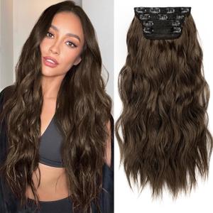 KooKaStyle Hair Extensions Long Wavy 4PCS Thick clip in hair extensions Hairpieces Chocolate Brown Fiber Double Weft Natural Synthetic Hair Extensions 20 Inch for Women (Chocolate Brown with Ashy Undertone)