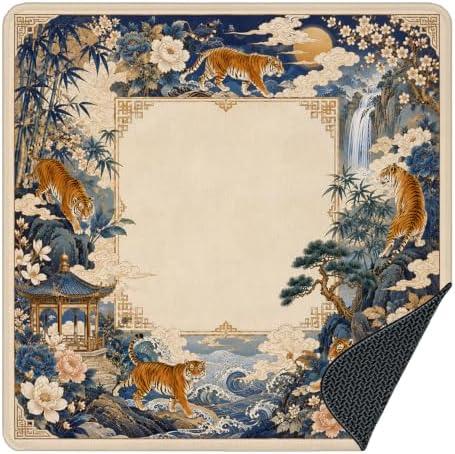 ATBWGT Chinoiserie Tiger Floral Mahjong Mat 31.5x31.5in | Blue and Gold Chinese Anti-Slip Noise-Reducing Mahjong Table Mat for Board Tile Games Poker and Cards