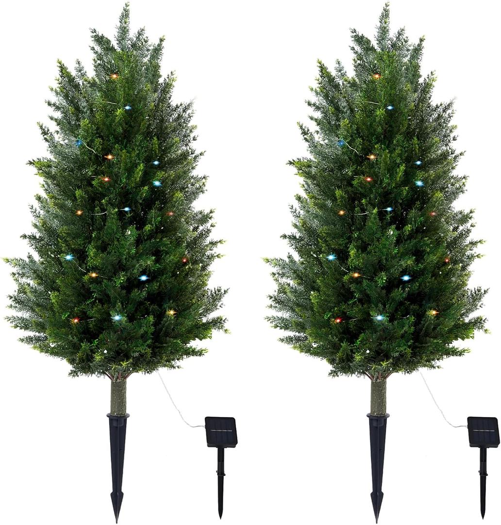 Pair Artificial Cedar Topiary Christmas Trees, 3ft UV-Resistant Faux Cypress shrubs w/Ground Spikes (Including Lights),Tall Evergreen Decorative Plants for Outdoor & Indoor Porch, Patio, and Garden