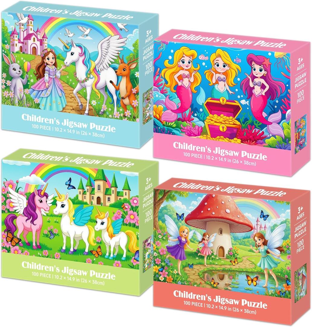 100 Piece Puzzles for Kids Ages 4-6 6-8 8-10, 4-Pack Princess Fairy Mermaid Unicorn Jigsaw Puzzles 100 Pieces Kids Puzzles Ages 3-5 4-6 5-8, Learning Toys Educational Gifts for Girls Boys 15x10 in