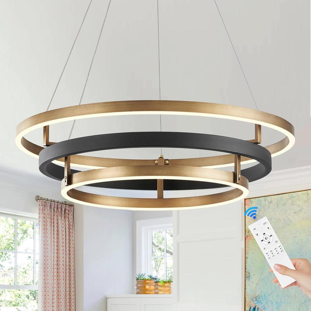Benkut Modern LED Chandelier Black Gold Dimmable 3 Ring Pendant Light for Dining Room, Kitchen Chandelier Circular with Remote Control Flush Mount High Ceiling Light for Living Room, 3000K-6500K, 3 Rings 23.6 inches