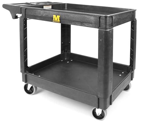 MaxWorks Heavy Duty 2‑Shelf Service Cart 500 lb Capacity Polypropylene Utility Cart with 5" Non‑Marring Casters Deep Trays and Built‑In Tool Storage for Garage Warehouse Workshop (80855)