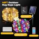 Solar Powered LED Rope Light for Outdoor Rug, 46FT Patio Floor Lights with Warm White & Multicolor for Backyard Deck Decor, Solar & USB Recharge, Remote Timer, Waterproof, 24 Rug Clips Included