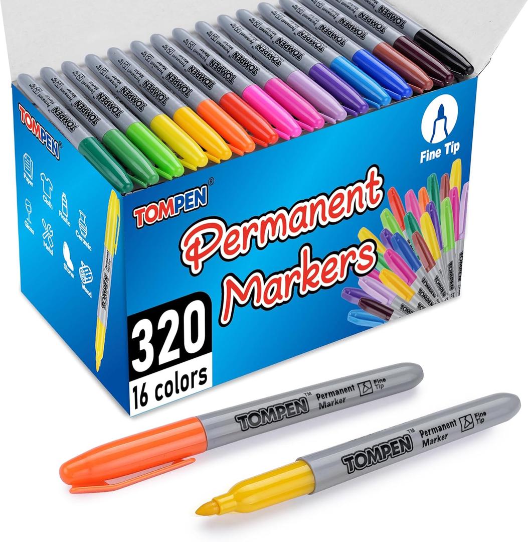 Permanent Markers Fine Tip 320 Pack Bulk,16 Assorted Colors,Waterproof Permanent Marker with Quick Drying on Wood,Plastic,Paper,Metal,Mirror for Gifts Office School Classroom