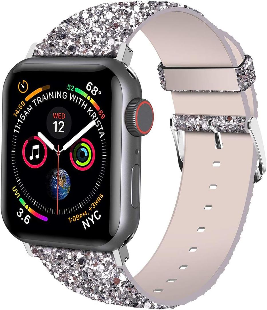 Iiteeology Compatible with Apple Watch Band 46mm 45mm 44mm 42mm, Glitter Shiny Bling Leather Band for iWatch Series 11-1/SE 3 - Silver