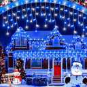 Christmas Lights Outdoor, 53 FT 486 LED Christmas Lights for Outside, Timer & Memory, Plug in 8 Modes Hanging Fairy Lights with 108 Drops for House Eaves Yard Patio Holidays Decorations Blue and White
