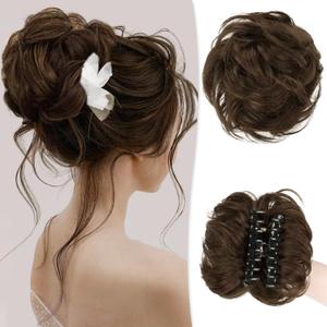RUWISS Claw Clip Messy Bun Hair Piece Real Human Hair Buns Wavy Curly Chignon Hair Bun Extensions Tousled Updo Hair Buns Claw Clip Ponytail Hairpieces Medium Brown (40g)