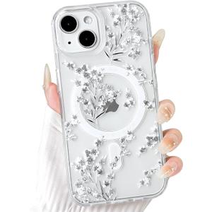 NITITOP Compatible with iPhone 14 Plus / 15 Plus Case Clear Magnetic Compatible with MagSafe Cute Flowers Floral Leaves for Women Girls Hard PC Back Shockproof Protective Cover - White