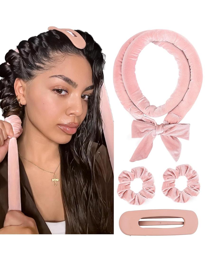 Yanibest Heatless Hair Curler, No Heat Hair Curlers to Sleep in, Super Soft Ribbon Wrap for Long Hair, Overnight Heatless Curling Set with Scrunchies and Clip, for All Hair types(Pink)