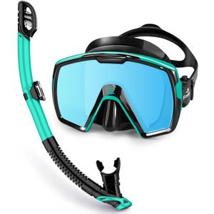 Freela Adult Dry Snorkel Set with Mirrored Lens Anti-Fog 180 Wide View Anti-Fog, Scuba Diving Mask with Nose Cover, Snorkeling Gear for Men Women (Green with Blue)