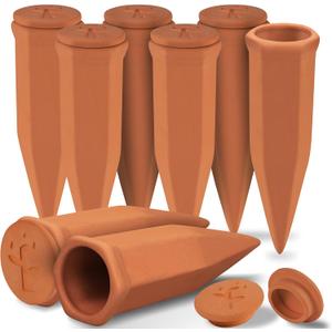 Soilagua Large Terracotta Watering Spikes with Lids, Automatic Plant Waterer Outdoor | Indoor, Vacation Friendly Clay Plant Watering Devices System, Slow Release Self Watering Planter Insert, 8 Pack