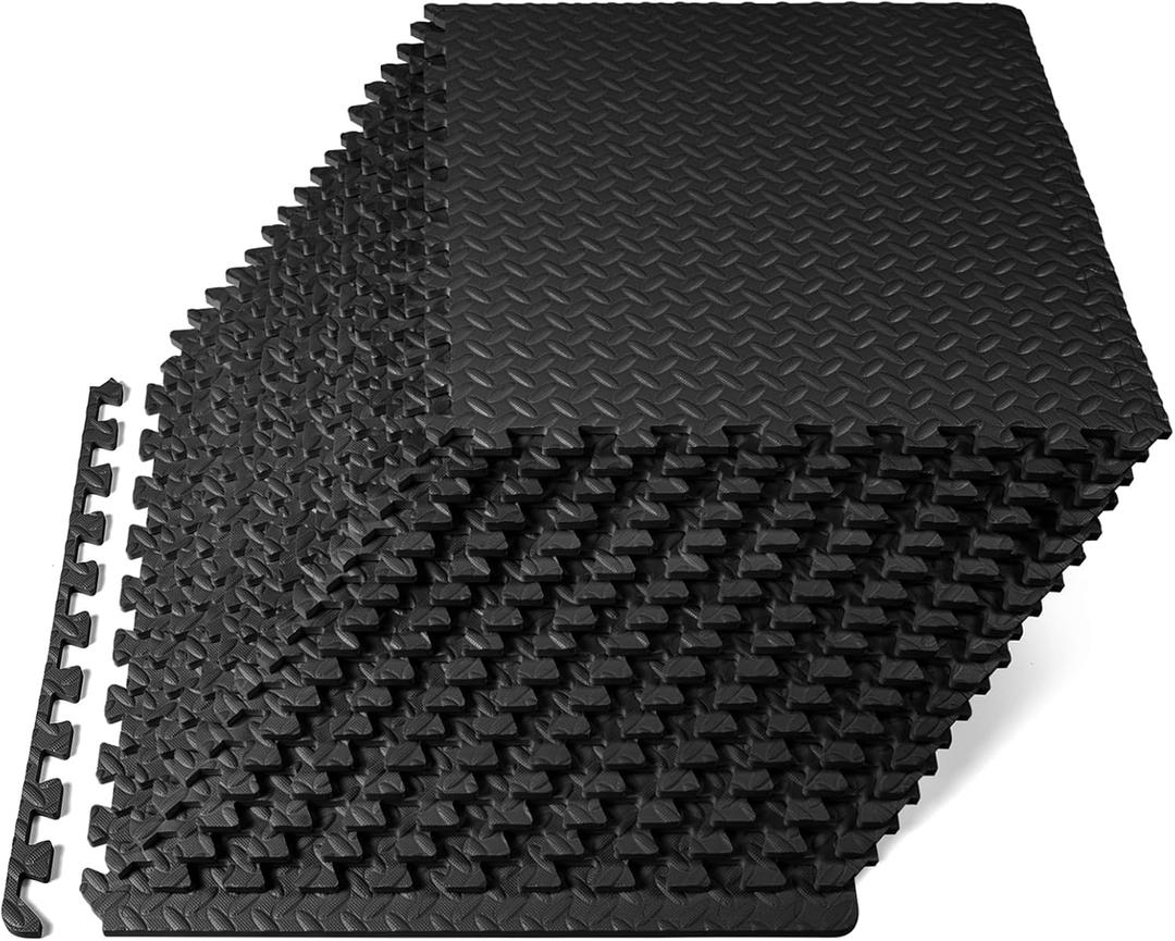 ProsourceFit Exercise Puzzle Mat 1/2-inch, EVA Interlocking Foam Floor Tiles for Home Gym, Workout Equipment, Kids Play Areas, Black, 72 SQ FT - 18 Tiles