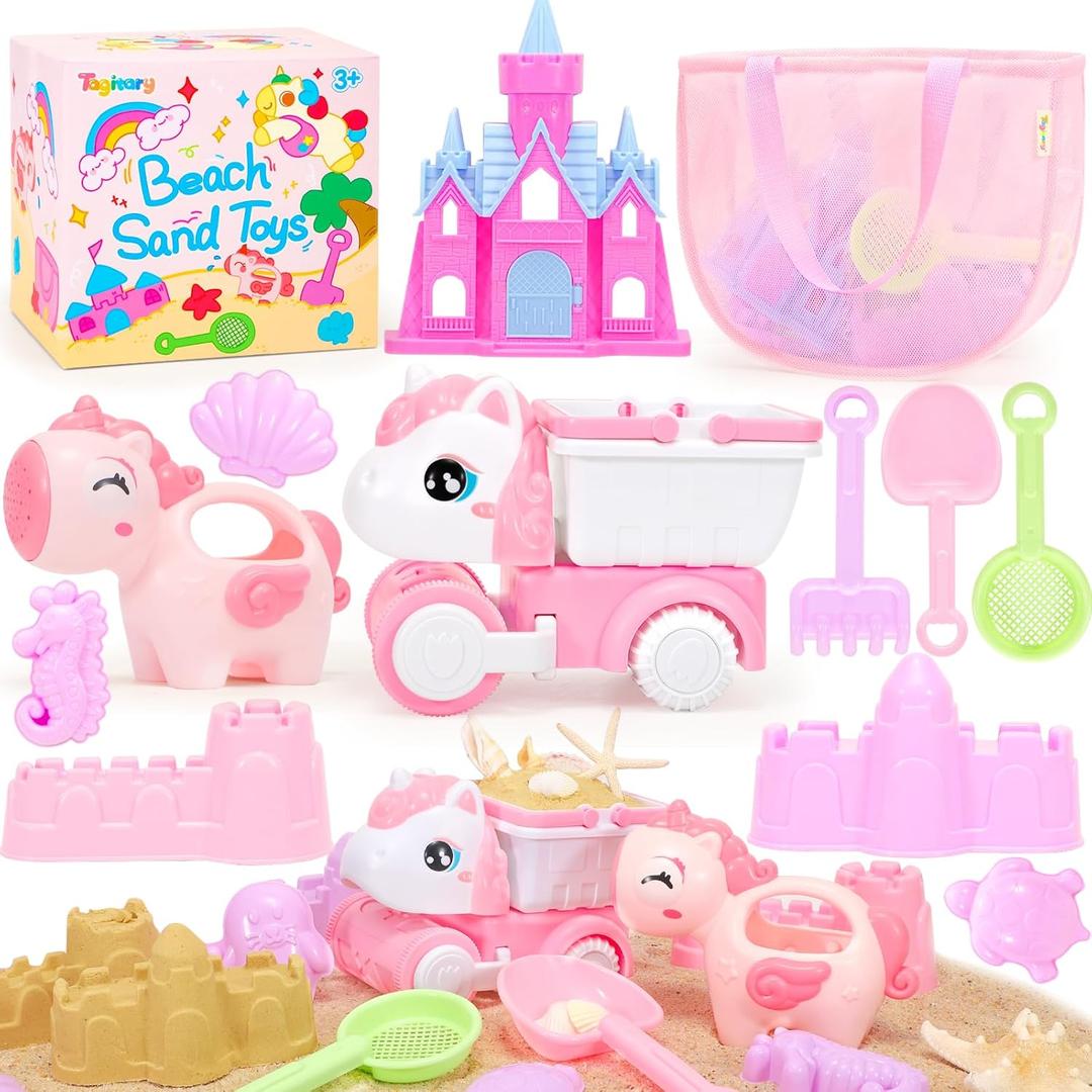 Tagitary Beach Toy Unicorn Sand Toys for Kids, Sand Castle Toys for Beach with Mesh Bag, Sand Shovels, Castle Sand Kits, Sifters, Unicorn Watering Can and Truck, Beach Essential Outdoor Toys for Kids